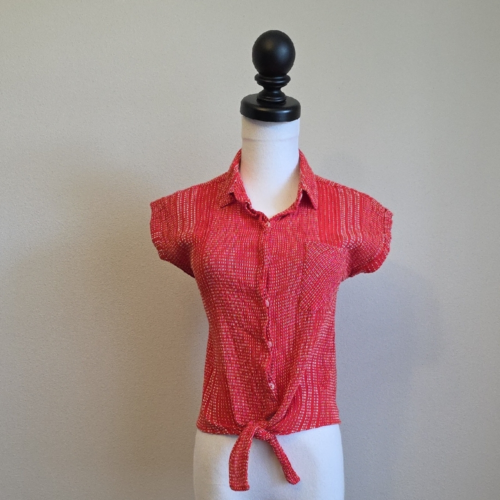 Harper Heritage Red Button-Down Tie Front Blouse